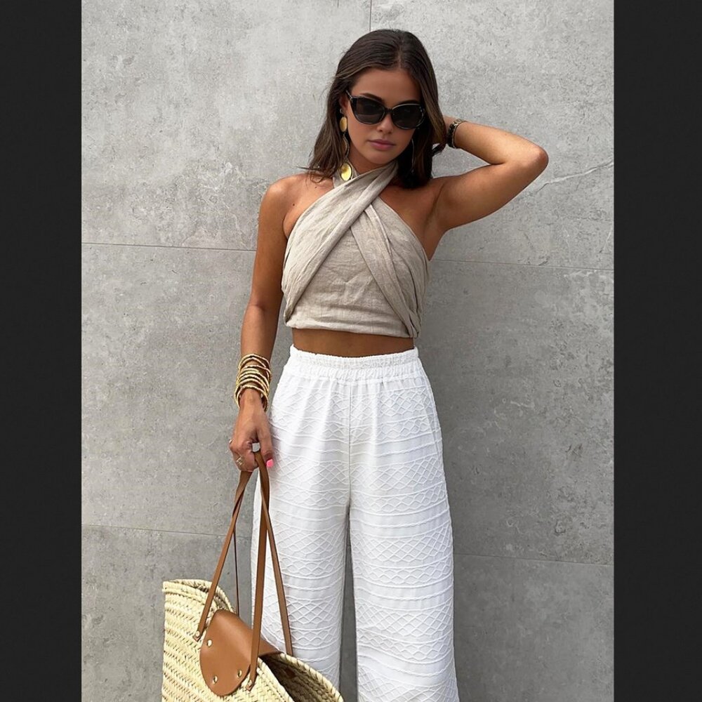 Commense Beige Cross Front Halter Crop Top
